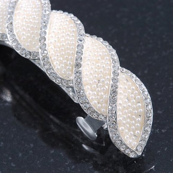 Bridal Wedding Prom Silver Tone Pearl Diamante Hair Clip Grip 85mm main image 7